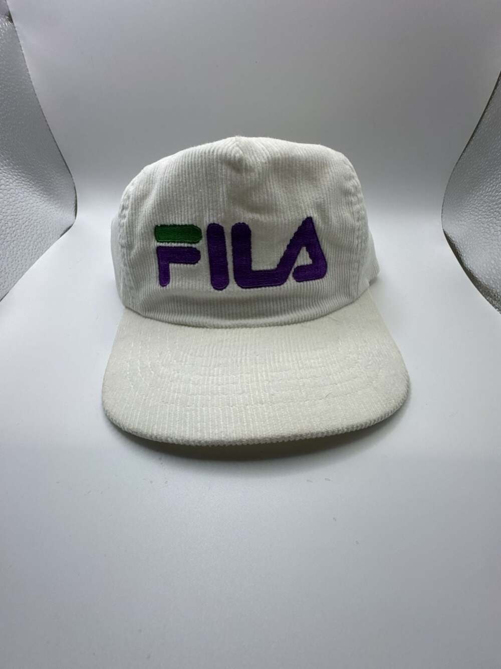 Vintage Fila Corduroy Strapback Hat White Embroidered Logo